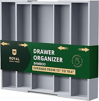 ROYAL CRAFT WOOD Luxury Bamboo Kitchen Drawer Organizer - Silverware Organizer - Utensil Holder and Cutlery Tray with Grooved Drawer Dividers for Flatware and Kitchen Utensils (5 Slot, Gray)