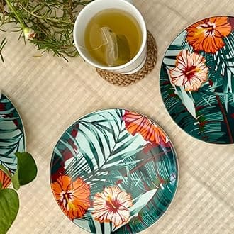 GOLDEN QUEEN'S Snack Plates Set of 4 | Perfect for Snacks, Desserts, Appetizers, Salads, Tapas, Cheese | 7 inches Wide | Microwave Safe (Tropical Hues)