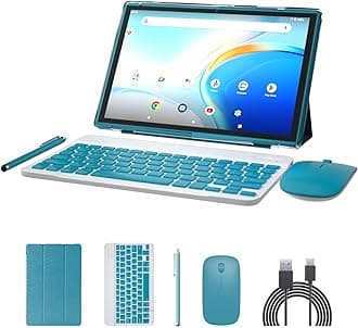 2 in 1 Tablet 10 Inch Android 15 OS Tableta, Tablets with Keyboard, Mouse, Case, Stylus, 32GB ROM+8GB RAM, 2MP+8MP Dual Camera, Quad Core Processor, 6000mAh Battery, 10.1 in FHD Tab Navy.