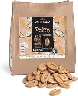 Valrhona Premium French Baking Blonde Chocolate Discs (Feves) DULCEY 35% Cacao, Creamy, Caramel Cookie Flavor Notes, Easy Melt & Tempering Creamy, Balanced, For Luscious Frostings. 1kg (Pack of 1)