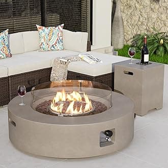 COSIEST Outdoor Propane Fire Pit Table Set of 2 with Tank Table, 40.5 Inch Dark Fire Table 50,000BTU Grey Round Base Wind Guard 16 Inch Tank Side Table 20lb for Garden Pool