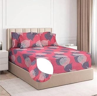 Premium Cotton Elastic Fitted Bedsheets with 2 King Size Pillow Covers | Double Bed with All Around Elastic 180 TC Supersoft | Size - 72 King Sizex78+10 inches | Pink & Green