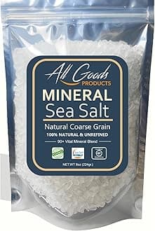 All Goods Products Mineral Coarse Grain Sea Salt, 8 oz Natural Salt from Mexico, Unrefined, Hand-Harvested, Loaded With 72+ Essential Minerals, Kosher, 30% Low Sodium.