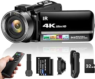 4K Video Camera Camcorder 64MP Vlogging Camera for YouTube 18X Digital Zoom 3.0''Touch Screen IR Night Vision with External Stereo Microphone,Handheld Stabilizer,Remote,Lens Hood,32G Card &2 Batteries