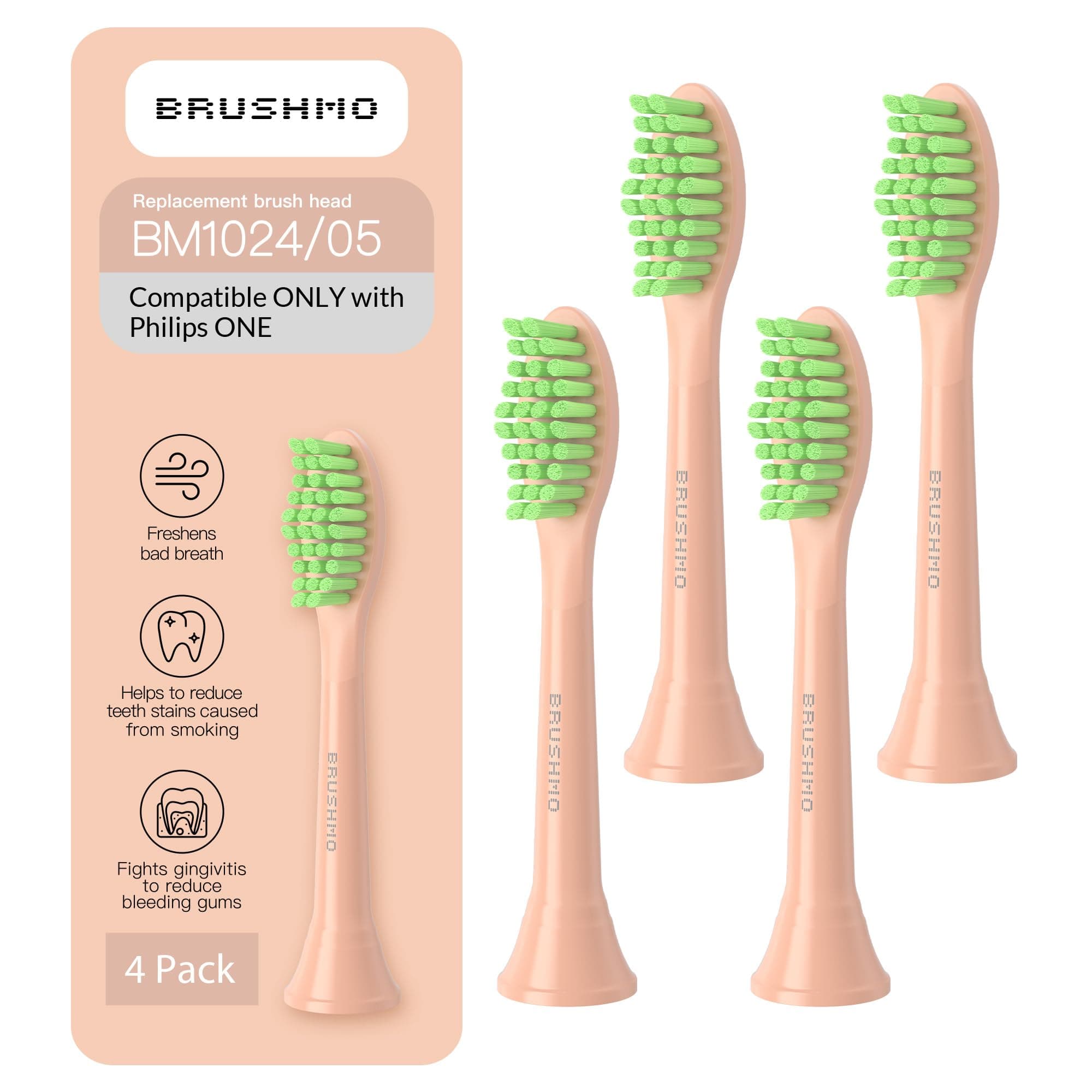 Brushmo Replacement Toothbrush Heads, Compatible with Philips One for Sonicare Electric Toothbrush Handles HY1022, 4 Standard Heads with Tongue Cleaner, Soft DuPontBristles, BM124m, Shimmer