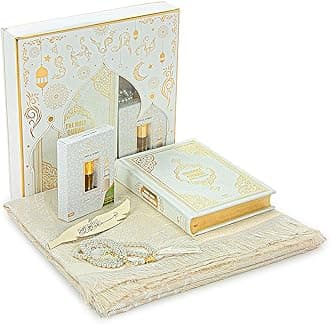 ihvan online Prayer Gift Set for Hajj and Umrah, Muslim Prayer Rug, Prayer Mat, Beads Taasbih, Holy Quran Translated English, Janamaz Salah Matt, Islamic Gift Set for Ramadan & Eid, White