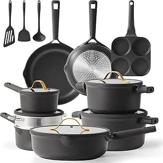 CAROTE17pcs Pots and Pans Set Non Stick Dark Grey, Kitchen Cookware Set with Gold Trim, Premium Nonstick Pot and Pan, Induction Cookware
