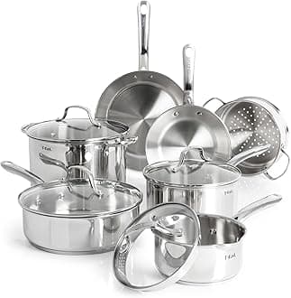 T-fal Stainless Steel Cookware Set 11 Piece, Induction, Oven Broiler Safe 500F, Kitchen Cooking Set w/Fry Pans, Saucepans, Saute Pan, Dutch Oven, Steamer, Pots and Pans, Dishwasher Safe, Silver