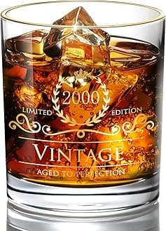 2000 25th Birthday Gifts for Men/Dad/Son, Vintage Unfading 24K Gold Hand Crafted Old Fashioned Whiskey Glasses, Perfect for Gift and Home Use - 10 oz Bourbon Scotch, Party Decorations