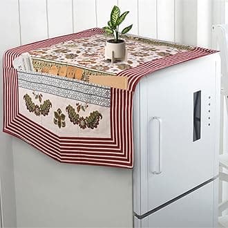 Oriental WeaversHand Block Printed Floral Design Cotton Fridge Top Cover (Maroon, 23x46), Refrigerator Top Cover with Spacious Deep Utility Pocket MultiUtility Appliance Cover Washing Machine