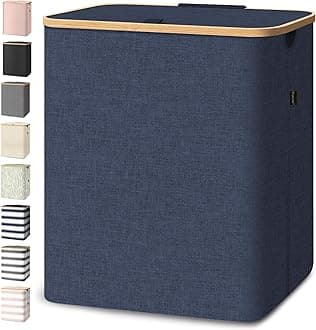 BALEINE Laundry Hamper with Lid, Tall Laundry Baskets with Bamboo Pull Handles, Large Laundry Bin with Internal Support (36 Gal/140L, Blue)