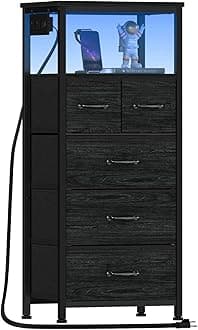 Furnulem Dresser for Bedroom, Tall Nightstand, Vertical Chest with Wood Top, Charging Station, LED Lights, 5 Fabric Bins, Bedside Table with Shelf, Furniture for Entryway (5 Drawer, Black Oak)