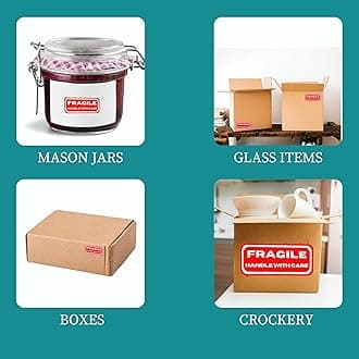 Double Dragon Fragile Stickers, 500 Labels, 1" x 3" (25mm x 76mm), Red Warning Labels for Shipping and Packaging