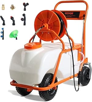 Battery Powered 15 Gallon Garden Weed Sprayer with Wheeled Cart, 126FT Hose with Reel, 8 Nozzles, 2 Wands with Lock Trigger, 0-90PSI, 5-6h Spray Time, Wide Mouth Lid, Rotating Wheels with Brake