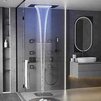 Shower System with Body Jets, Black Thermostatic Rain Shower System with Handheld, Ceiling Full Body Shower System with LED Light and Music, 23 Inch Large Flow