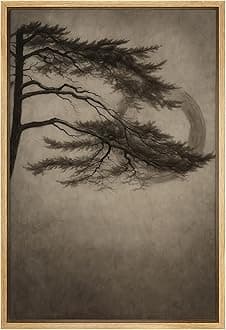 SIGNFORD Framed Canvas Print Wall Art Moonlit Pine Branch Dark Minimalist Tree Silhouette with Crescent Moon Illustrations Modern Art Decorative for Living Room, Bedroom, Office - 16"x24" Natural