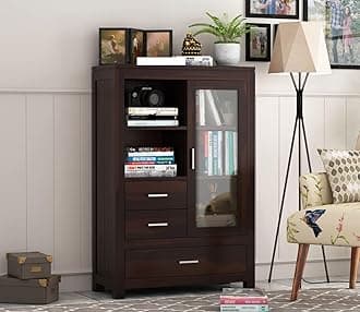 AMAZART FURNITURE Sheesham Wood Book Shelf with Fiber Glass Door | Wooden Sideboard Crockery Cabinet with 3 Drawers & 2 Shelf Storage | Kitchen Display Unit | Bookshelf for Home Library | Walnut