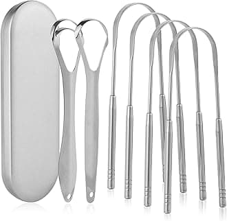 6 Pack Tongue Scraper for Adults - Reusable & Easy to Clean Tongue Scrubber with Travel Case - Medical-Grade 100% Stainless Steel Tongue Cleaner for Fresh Breath & Oral Care & Hygiene
