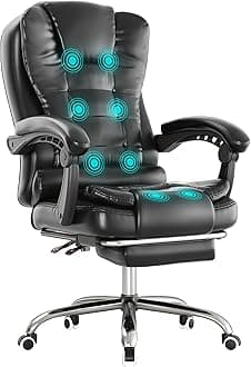 Blisswood Ergonomic Office Chair with 8-Point Massage – Executive Computer Desk Chair with Footrest, Padded Armrests, Lumbar Support and Reclining for Office Home Work & PC Gaming - PU Leather Black
