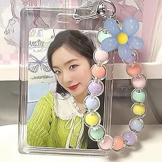 Acrylic Kpop Photocard Holder Keychain Photo Card Holders 3 Inch ID Badge Holder Bus Card Colored Beads Flower Pendant for Card Holder,Phone,Album (Blue Flower)