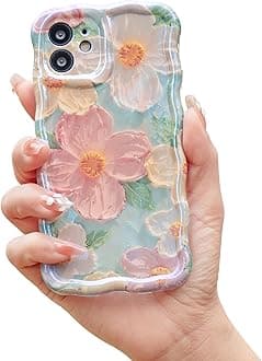 Cute Case for iPhone 12, Colorful Retro Oil Painting Printed Flowers Case, Fashion TPU Floral Laser Beam Glossy Pattern Curly Waves Frame Shockproof Protective Case Cover for Girl Women