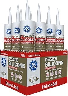 GE Advanced Silicone Caulk for Kitchen & Bathroom, White, 10 fl oz Cartridge, 12 Pack - 100% Waterproof Silicone Sealant, 5X Stronger Adhesion, Shrink & Crack Proof