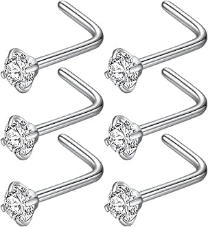 316L Surgical Steel 22g/20g/18g Nose Rings Studs L-Shape Nose Nostrial Piercing Body Jewerly L Shaped Nose Studs 1.5mm 2mm 2.5mm 3mm CZ Nose Screw Studs Rings for Women