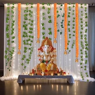 Abhaas 15Pcs Backdrop Decoration Set with Curtains, LED Lights, Marigold Garlands Toran with Bells for Ganpati Decoration Diwali Wedding/Festivals Pooja Room Haldi Varalaxmi (White + Marigold Garland)