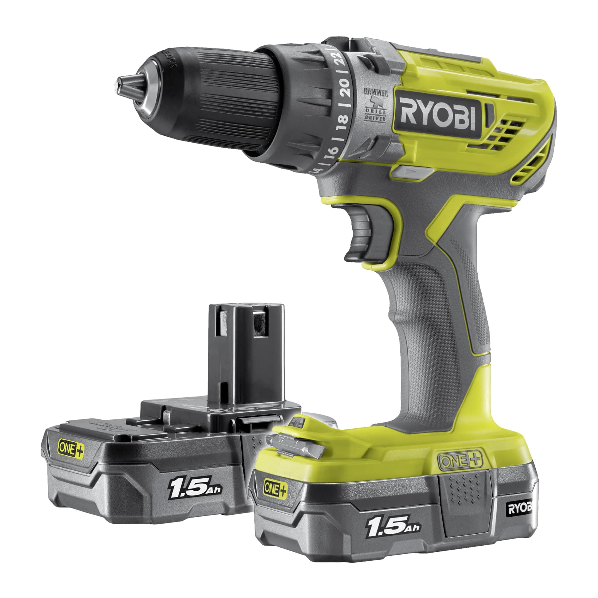 RYOBI 18 V ONE plus Cordless Combi Drill Starter Kit, Hyper Green, With 2 x 1.5 Ah Batteries