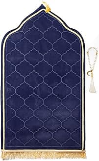 Muslim Prayer Rug with Tasbih Prayer Beads, Soft Memory Foam Prayer Matt Islam, Padded Islamic Prayer Mat Thick for Men and Women, Janamaz, Sajadah (25.6" x 43.3", Navy Blue)
