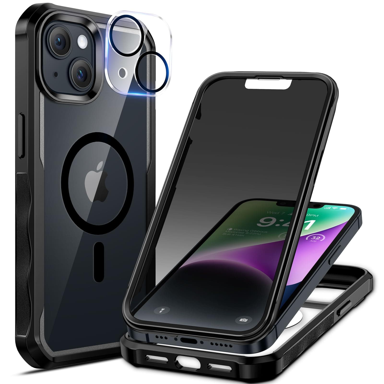 seacosmo for iPhone 14 Plus Case, Full Body Bumper with Built-in 9H Tempered Glass Privacy Screen Protector and Camera Lens Protector, Compatible with MagSafe, Shockproof Phone Cover, 6.7", Black