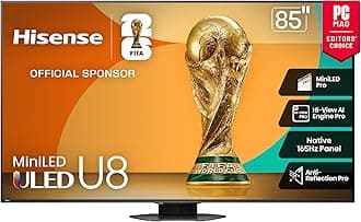 85" Class U8 Mini-LED ULED 4K UHD Google Smart TV (85U8QG, 2025 Model) - QLED, Native 165Hz, VRR 288, Up to LD5600, 5000 Nits, HDR10+, Dolby Vision IQ · Atmos, IMAX Enhanced, 4.1.2 Ch Audio