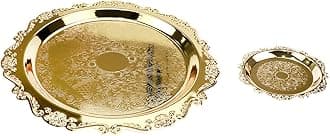 Quluxe Vintage Round Metal Food Serving Tray, 2 Pcs Reusable Decorative Appetizer Platter for Kitchen, Party, Centerpiece Display- Gold (4 Inch+10 Inch)