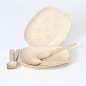 Eha Earth-Friendly Small Snack Serving Plates Set of 4 with Spoons | 6 inch | Small Snack Plates Made with Bamboo Fibers & Rice Husk Fiber | Microwave Safe | Dessert Plates | Sand Castle