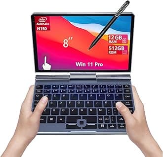 8" Mini Laptop, 2-in-1 Small Computer N150, 12GB RAM, 512GB SSD, Touchscreen, Win 11 Pro, Wi-Fi 6, BT 5.2, Stylus Support, HDMI, Lightweight Portable Convertible PC