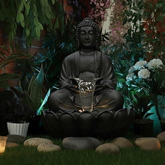 Fiberglass Buddha Lotus Water Fountain With Light, 91 Cm, Decorative Outdoor Garden Fountain For Home And Office 3 Feet (Black)
