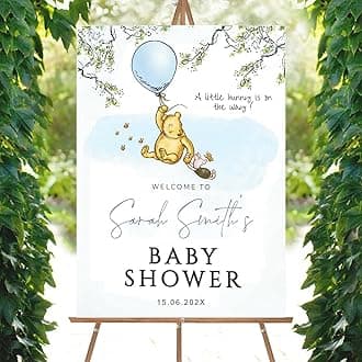 Personalized Bear Pooh Baby Shower Sign, Classic Blue Custom Baby Shower Welcome Yard Sign Party Decorations Plastic with H Stakes, Double Sided Full Size