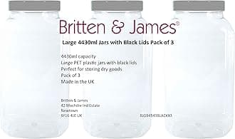 Britten & James Large Empty Plastic Jars 4500ml with lids (Black Lid (Pack of 3))