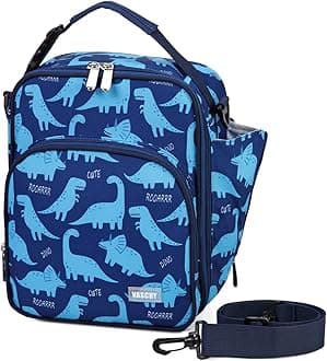 VASCHY Kids Lunch Bag, Insulated Reusable Lunch Box for Boys with Removable Shoulder Strap for School, Blue Dinosaur
