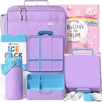 Fimibuke Kids Bento Lunch Box with 4 Compartments, Insulated lunch Bag, Stainless Steel Insulated Water Bottle, Ice Pack & Utensils Set, Birthday Gifts for Ages 3-12 Back to School Toddler Girls Boys