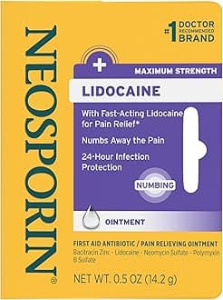 Neosporin + Lidocaine First Aid Triple Antibiotic Ointment, Fast-Acting, Maximum Strength Topical Pain Relief, 24-Hour Infection Protection That Numbs Away The Pain for Minor Wound Care, 0.5 oz