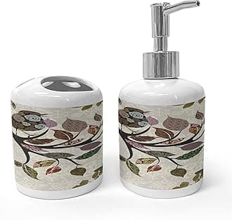 Ambesonne Nature Soap Dispenser & Toothbrush Holder Set, Spring Floral Birds French Vintage Rustic Theme Style Abstract Ornamental Art, Ceramic Bathroom Toiletry Accessories, 2 Pcs, Brown and Beige