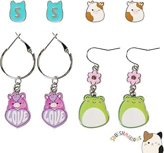 Squishmallows Hypoallergenic Earrings for Girls 2 Squish Stud and 2 Squish Fishhook Drop Sets with Charms One Size Fits All Ages 8+