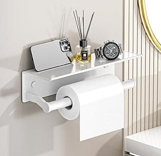 Dr.DJ Paper Towel Holder Wall Mount with Shelf for Bathroom, Matte White Adhesive Hand Towel Holder for Bathroom Kitchen RV White