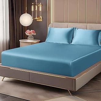 BEDELITE Satin Fitted Sheet and Pillowcases Set, Luxury Soft Similar to Silk Bottom Bedsheet with Elastic Corner Straps, Deep Pocket up to 15 Inch, 1 Fitted Sheet & 2 Pillowcases(Cal King, Airy Blue)