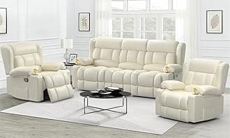 Recliner Sofa Set, Flip Middle Backrest Design PU Leather 3 Seater Reclining Sofa and 2PC Single Recliner Chair, Manual Couches for Living Room (Ivory, PU 3+1+1)