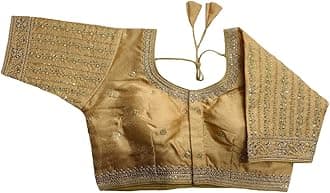 Pujia Mills Women's Ready-Made Blouse Embroidery Multi Coding Gold Thread Indian Ethnic Designer Stitched Readymade Saree Half Sleeve Blouse for Women for Saree Lehenga Choli