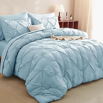 CozyLux Queen Comforter Set Light Blue, 7 Pieces Pintuck Bed in A Bag, Premium Blue Comforter Queen Size, Pinch Pleat Bedding Sets with Comforter, Sheets, Pillowcases & Shams