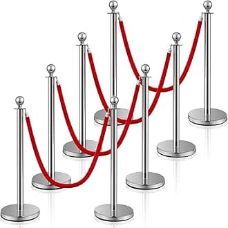 Ferraycle Stainless Steel Stanchion Post Queue 5 ft Red Velvet Rope Red Carpet Ropes and Poles Crowd Control Barriers Sand Injection Hollow Base and Velvet Ropes Set for Party Supplies (8 Pieces)