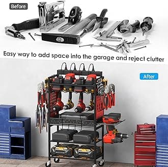CCCEI Power Tool Organizer Cart with Charging Station, Garage Floor Rolling Storage Large Cart on Wheels for Mechanic, Mobile 6 Drill, Tool Box Utility Cart with Battery Charging Power Strip, Red.